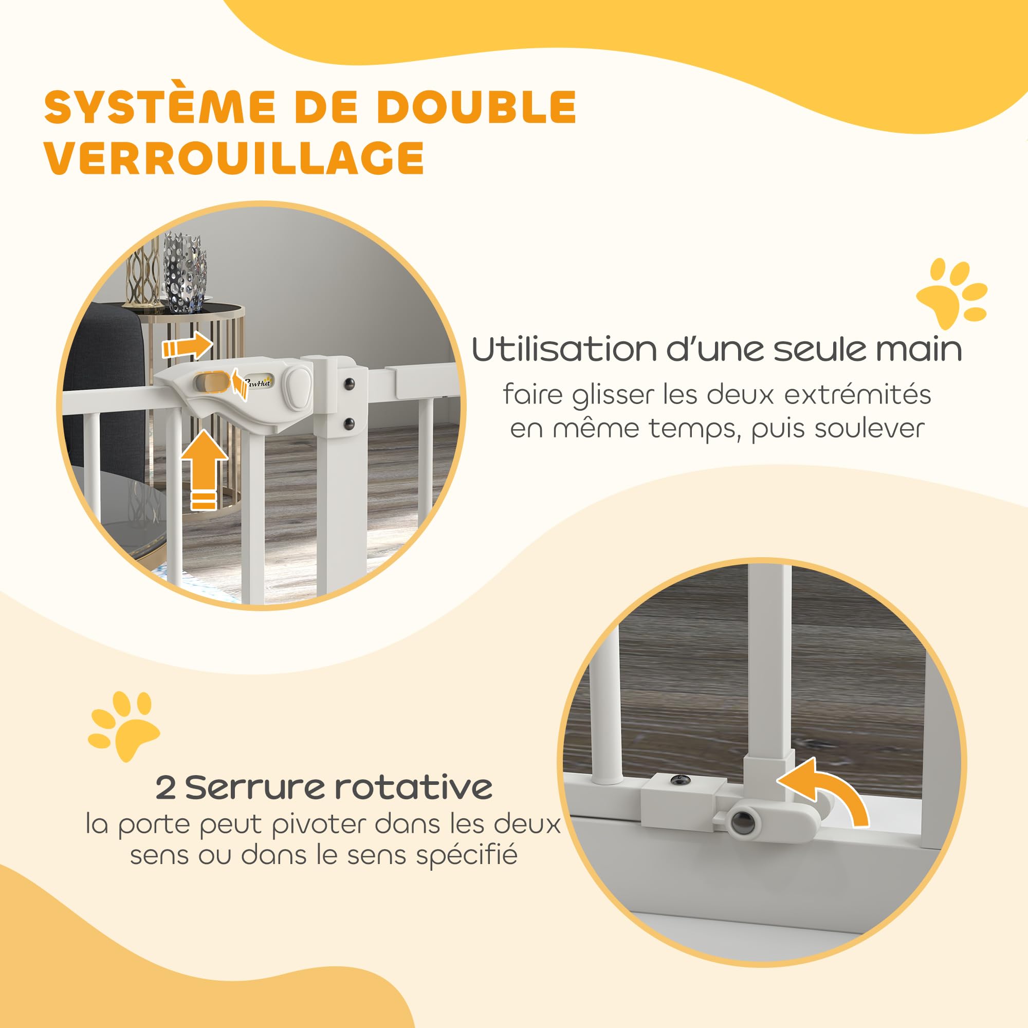 PawHut - Barrera de Seguridad para Animales (74-94 x 77 cm, con Puerta de Cierre automático, Sistema de Doble Bloqueo sin Taladro, con 1 extensión, Color Blanco | Cierre automático, doble bloqueo, sin taladrar, 1 extensiones, para escaleras, pasillos, pue