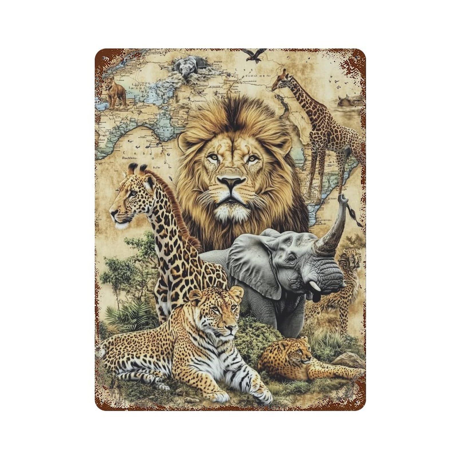 Rustic Tin Plaque Amazon Safari Wildlife Collage 15.7"x11.8", Vintage Wall Decor for Pub, Kitchen And Man Cave Decor