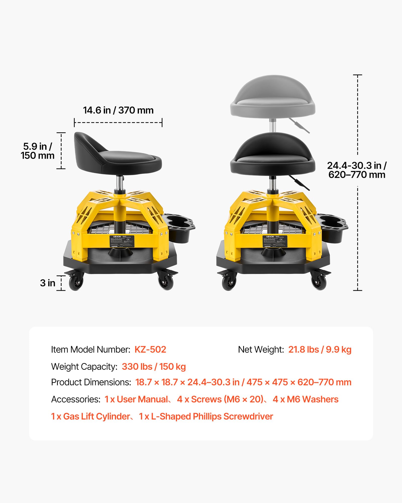 VEVOR Taburete de Taller con Ruedas Capacidad de 150 kg, Taburete Mecánico Altura Ajustable de 50-65 cm, Asiento de Mecánica Giratorio de 360°, con Respaldo, Bandeja para Herramientas, para Garaje