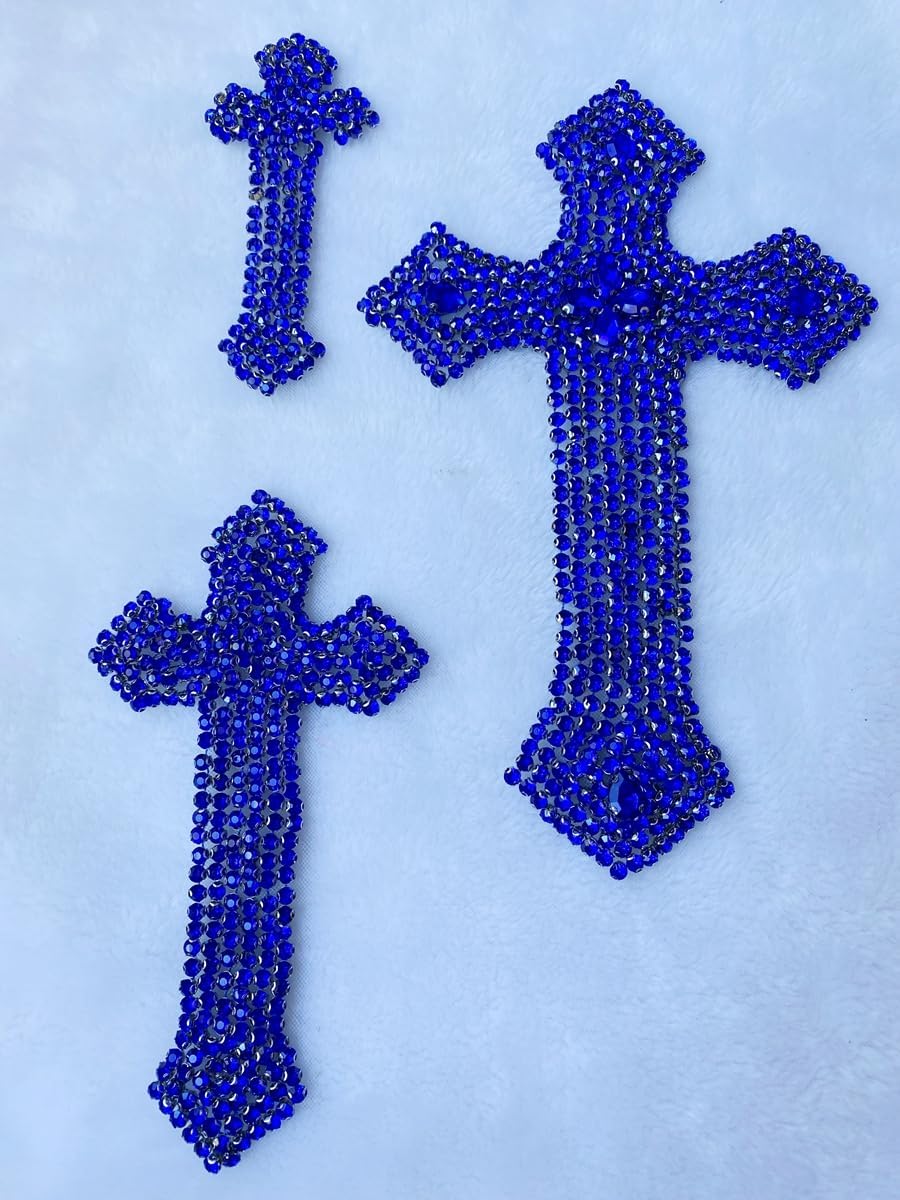 3PCS Pure Handsewing Rhinestones Applique Multicolor Cross Patch DIY Craft Accessories for Dress Jackets Jeans Backpacks Hats Clothing Decoration (Blue)