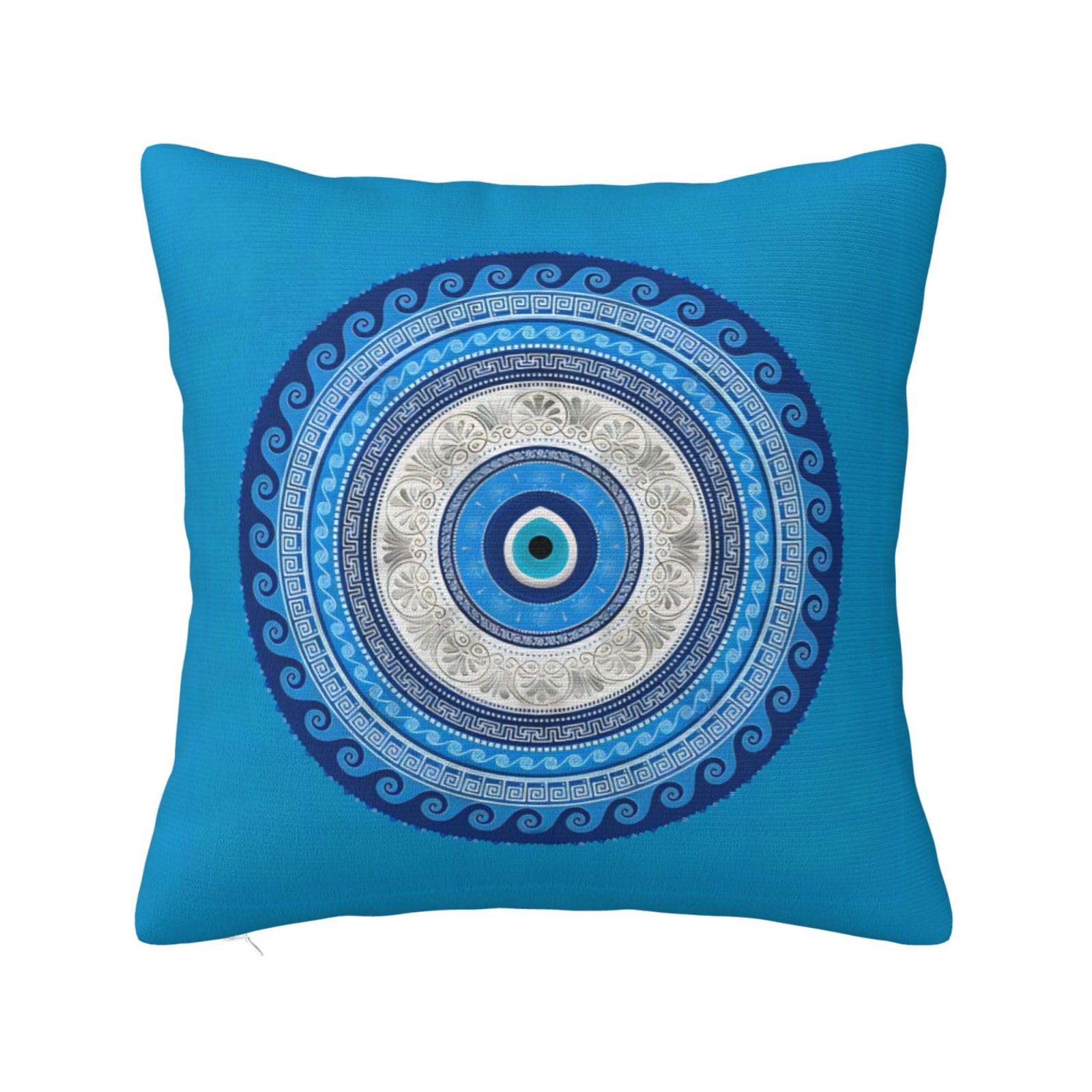 Foshanshihegongfangshangmaoyouxiangongsi Pillowcases 1537 Throw Cushion Cover Blue Greek Matiasma Evil Eye Cushion Cover Print Square Pillowcase Personalised Pillowcases For Best Friend, Birthday Gifts, Gifts, 45X45cm
