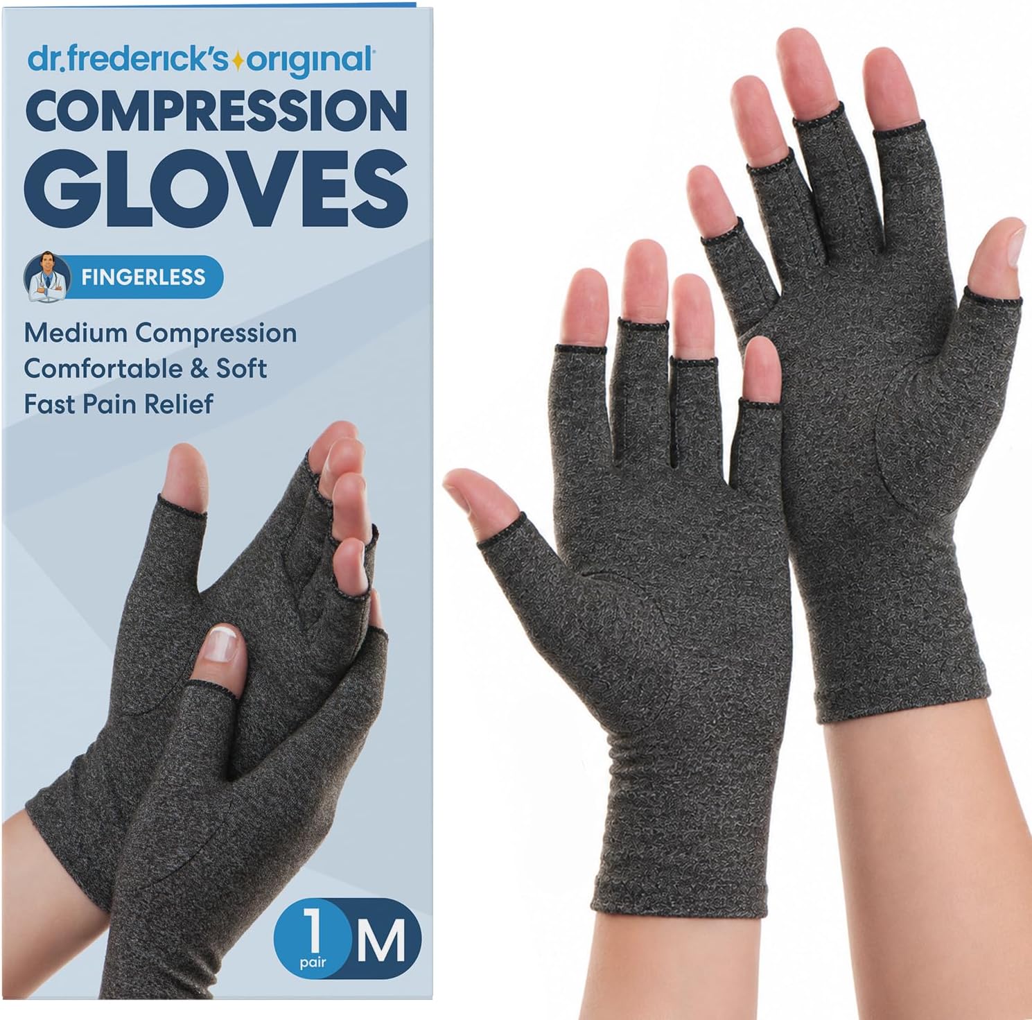 Dr. Frederick's Original Arthritis Compression Gloves, Fingerless, M, 2 ct | Doctor-Developed Fingerless Support, Carpal Tunnel and Swelling Support, Everyday Wear, Women and Men, Fingerless Compression