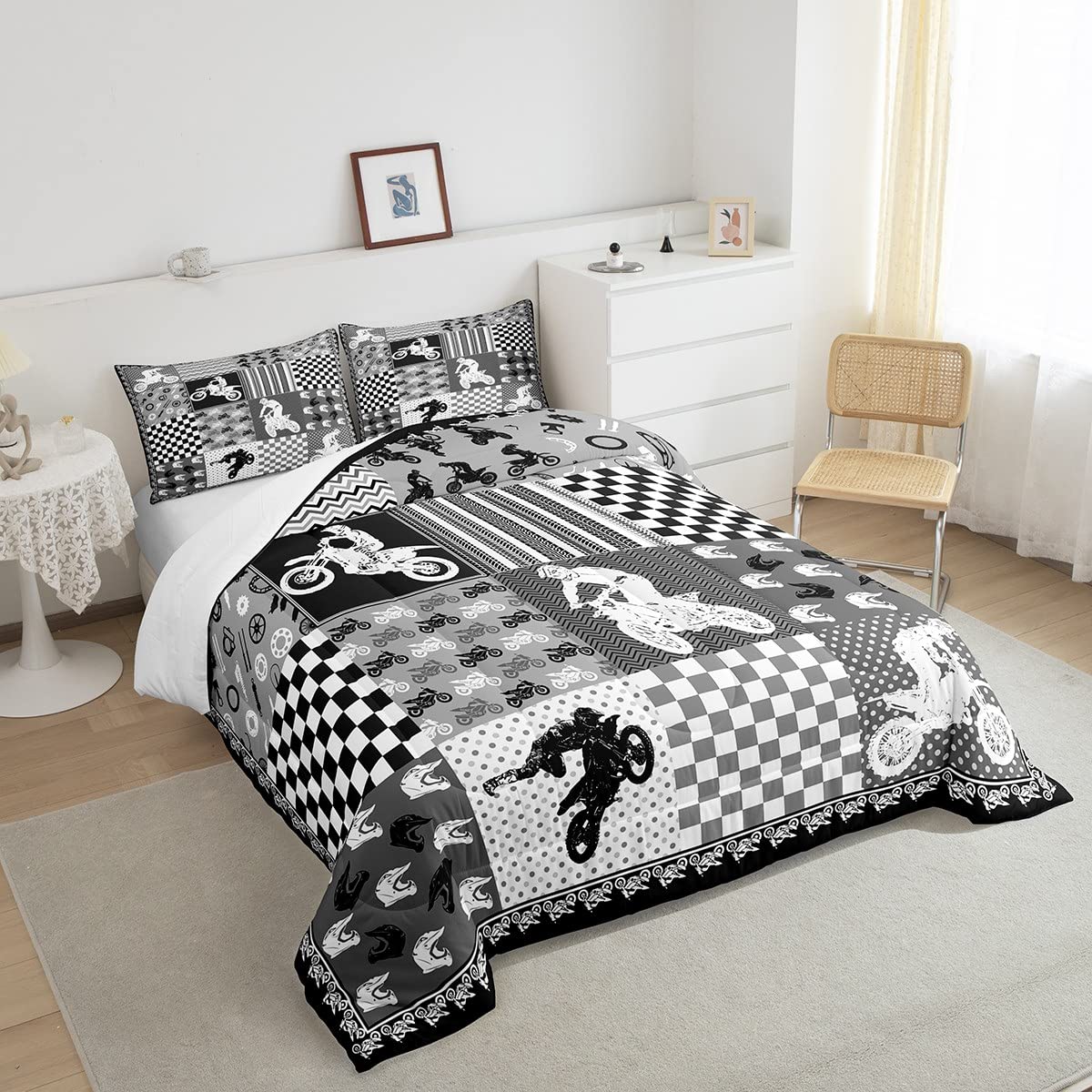 Castle Fairy Dirt Bike Comforter Set,Motocross Racer Bedding Set for Kids Girls Women,Adults White and Gray Grid Comforter,Stripes Square Geometry Quilted Duvet Set Bedroom Collection Twin Size 2Pcs