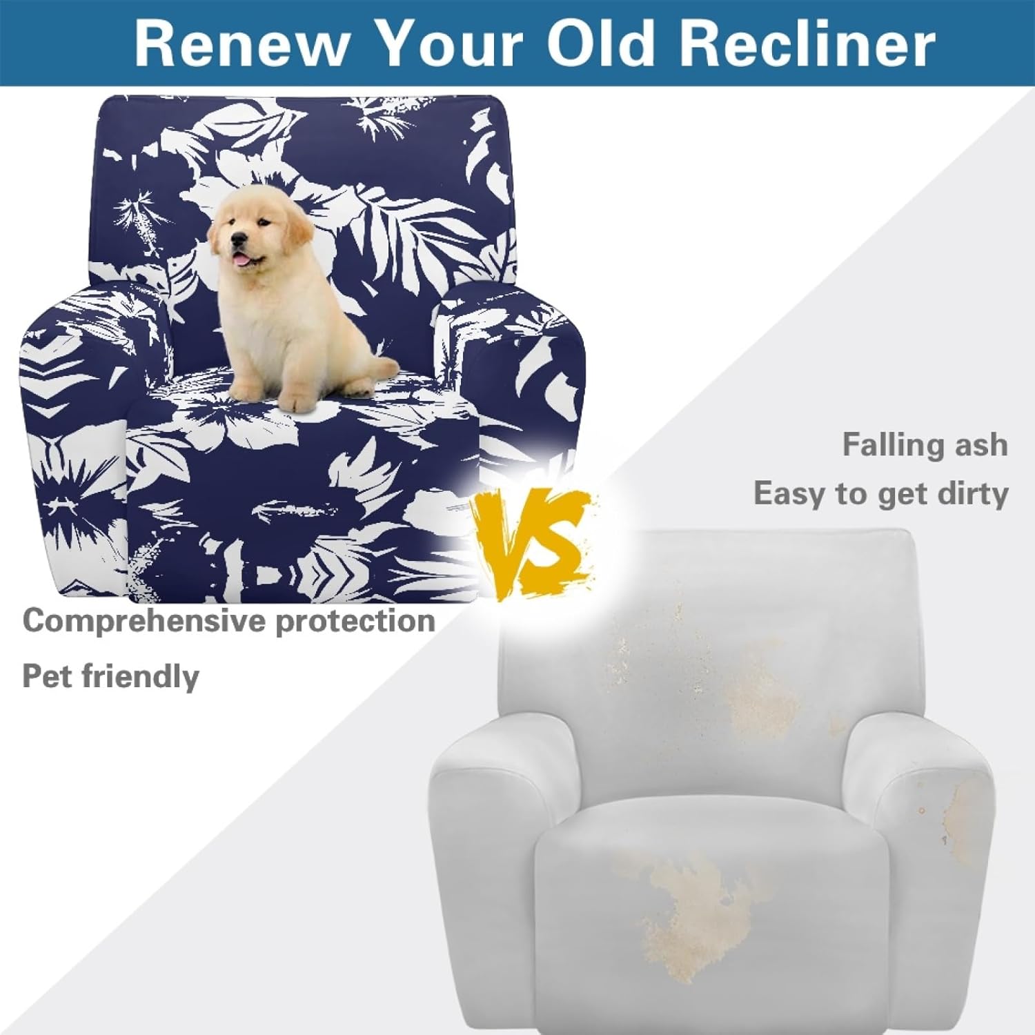 Tropical Floral Cover for Recliner Chair Navy Blue Sofa Slipcovers with Pockets Chair Covers Stretchy Reclining Slipcover 4 Piece Lazy Boy Couch Covers for Home