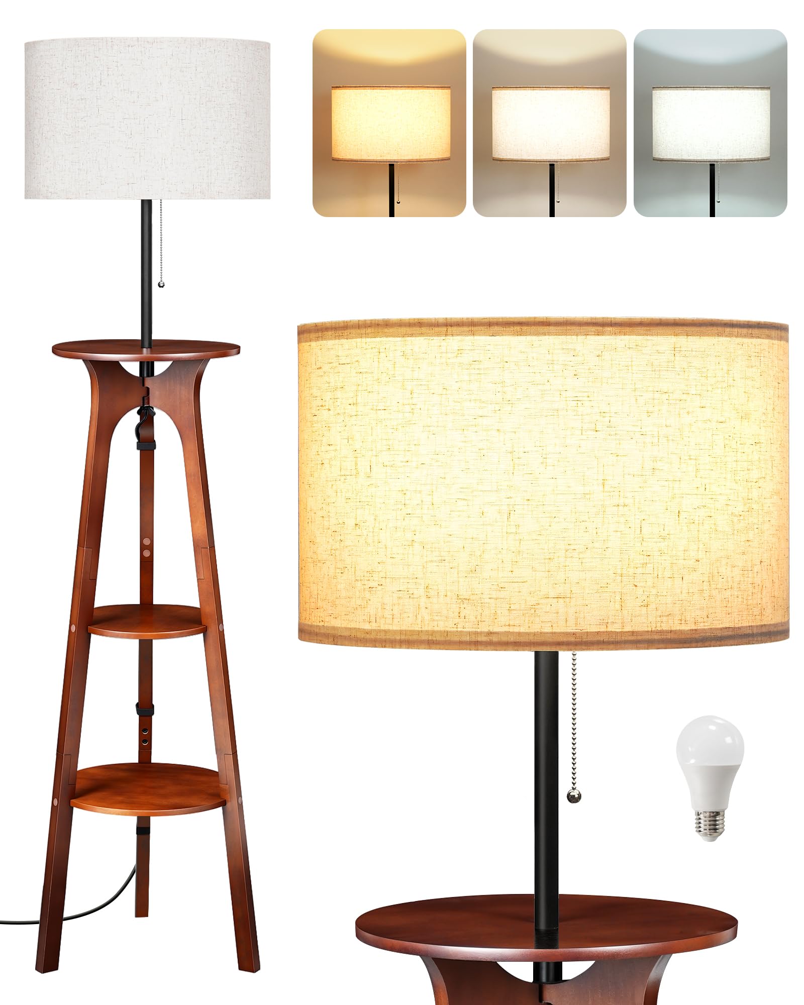 Stehlampe Dimmbar Dreibeinige Holz mit 3 Regalen, Holzstativ Stehleuchte mit 3 Farbtemperaturen für Wohnzimmer, Schlafzimmer, Arbeitszimmer, Beige und Dunkle Walnussfarbe, ZSTE25LDD05