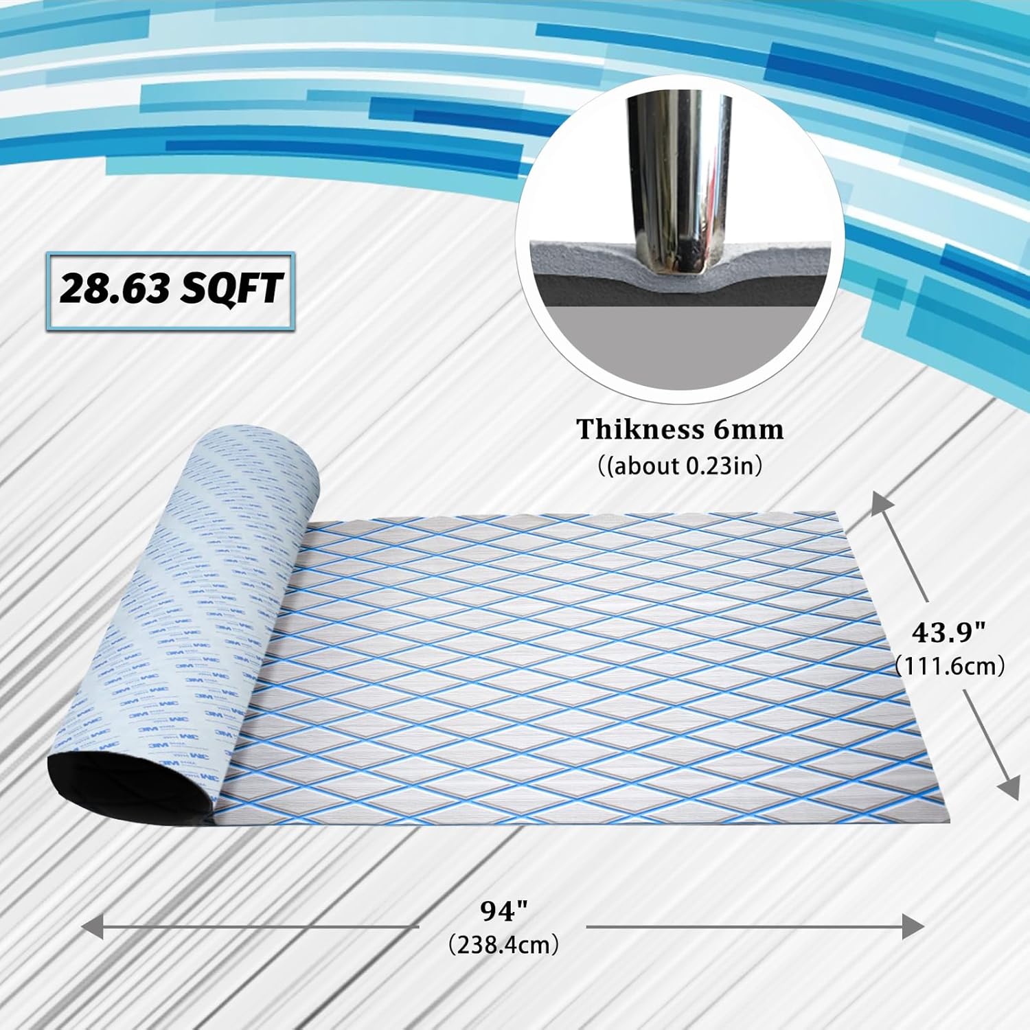 HXBYX EVA Foam Boat Flooring with 3M Adhesive Backing 6mm Thick Diamond Sea Deck Boat Carpet Marine Non-Slip Self-Adhesive Flooring Sheet for Kayak Yacht SwimPool RV 94"x43.9"/28.3"/15.3"