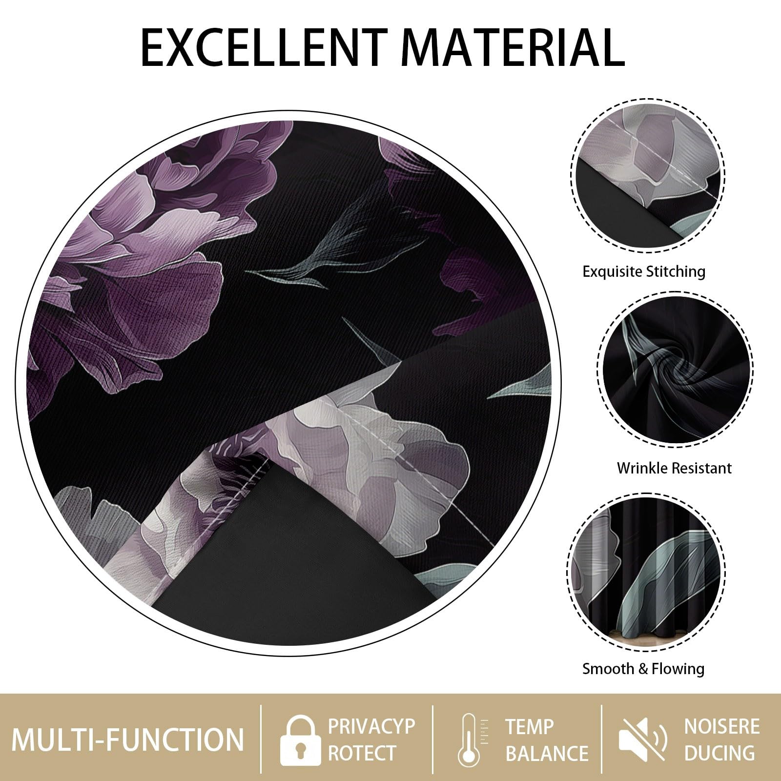 Rideaux Occultants Plante Floral 75L X 166H cm (2 Panneaux), Isolation Thermique Fixation par Oeillets Pivoines Gothiques pour Chambre À Coucher, Noir Violet