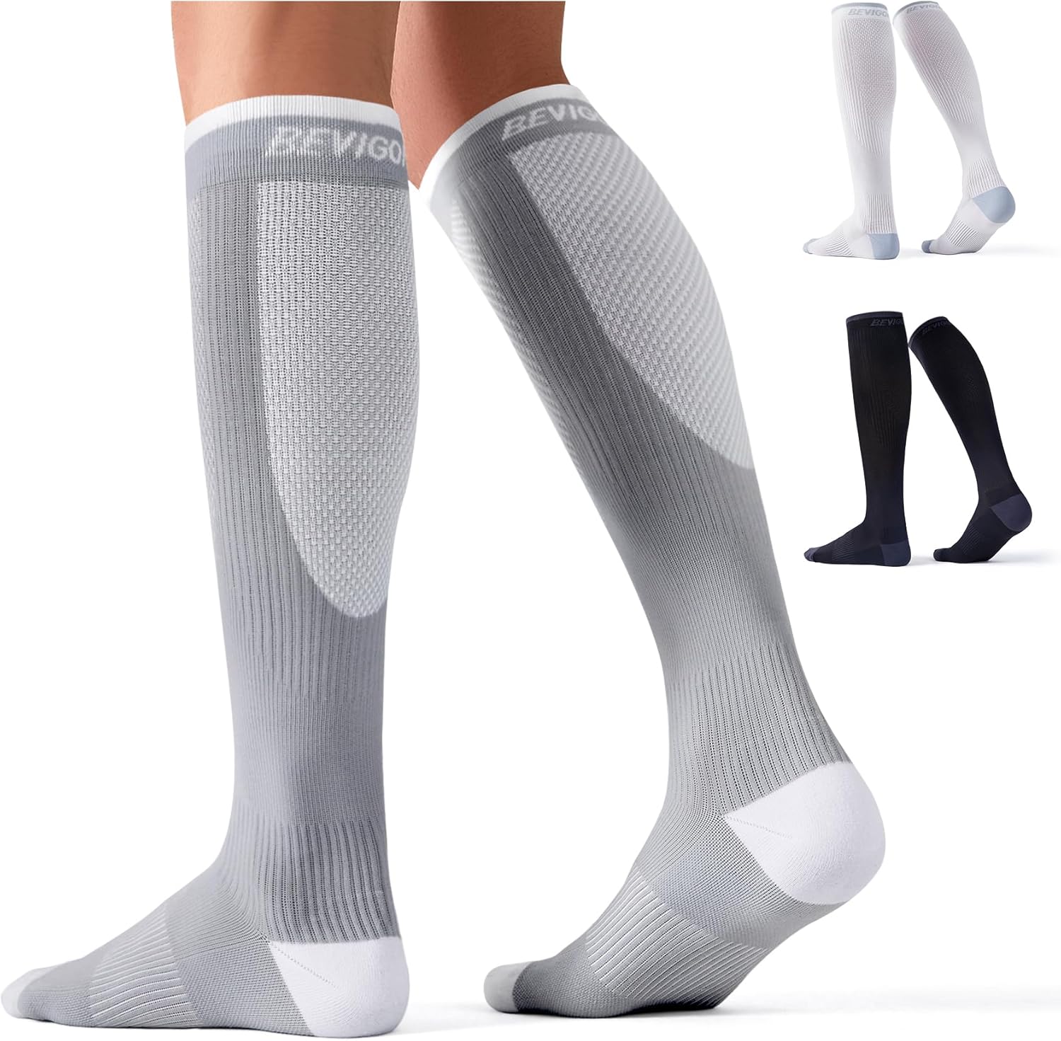 Bevigorio 3pairs Compression Socks for Women Men 15-20mmHg Circulation Cushion Knee High Support Socks Athletic Daily