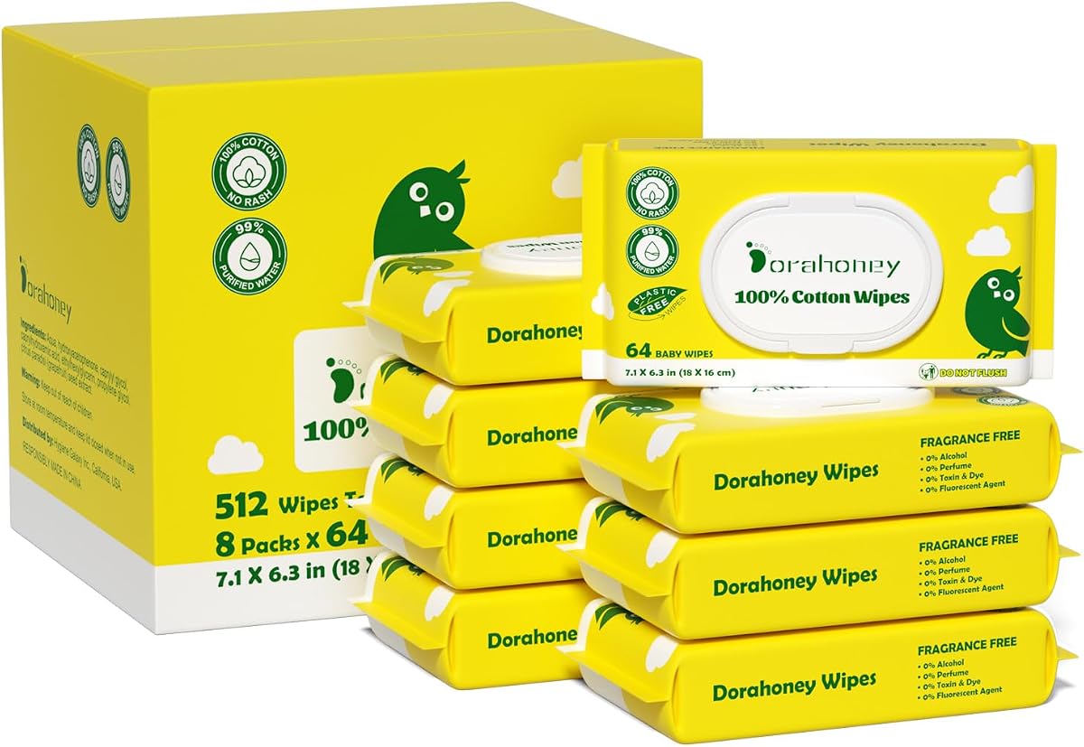 100% USA Cotton Baby Wipes for Sensitive Skin, 99% Purified Water Unscented Wet Wipes, Hypoallergenic & Plastic-Free, 512 Count (8 Flip-Top Packs of 64)