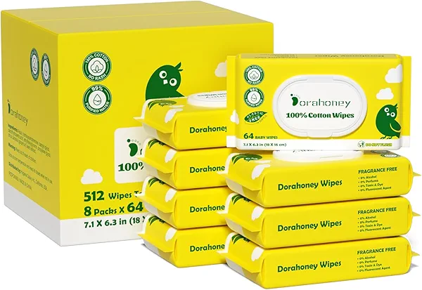 100% USA Cotton Baby Wipes for Sensitive Skin, 99% Purified Water Unscented Wet Wipes, Hypoallergenic & Plastic-Free, 512 Count (8 Flip-Top Packs of 64)