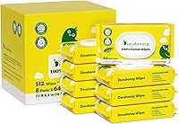 100% USA Cotton Baby Wipes for Sensitive Skin, 99% Purified Water Unscented Wet Wipes, Hypoallergenic & Plastic-Free, 512 Count (8 Flip-Top Packs of 64)