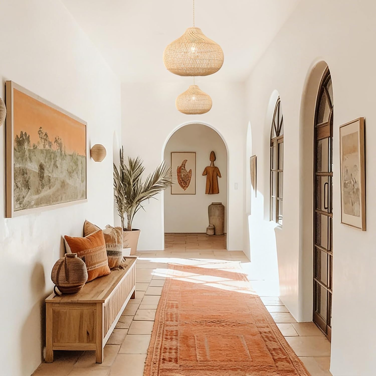 LynPon Rattan Boho Pendant Lights, 15.74'' Large Kitchen Island Wicker Chandelier, Hand Woven Farmhouse Pendant Light Fixture, Modern Hanging Chandeliers for Dining Room Foyer Entryway Bedroom Hallway