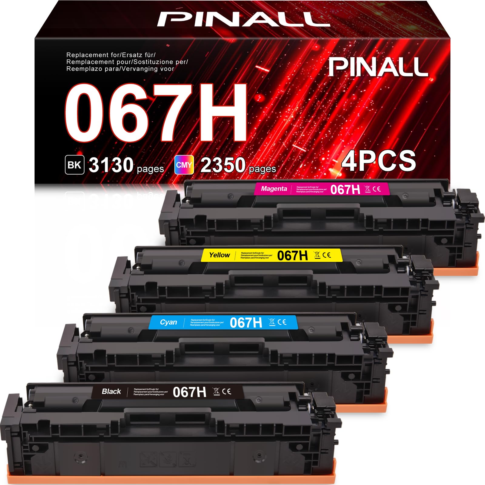 PINALL 067 067H (3130 Pagine) Toner Compatibile per Canon 067 067H Toner per Canon i-SENSYS MF655cdw MF657cdw MF651cw LBP633cw LBP631cdw (Nero Ciano Giallo Magenta, Confezione da 4)