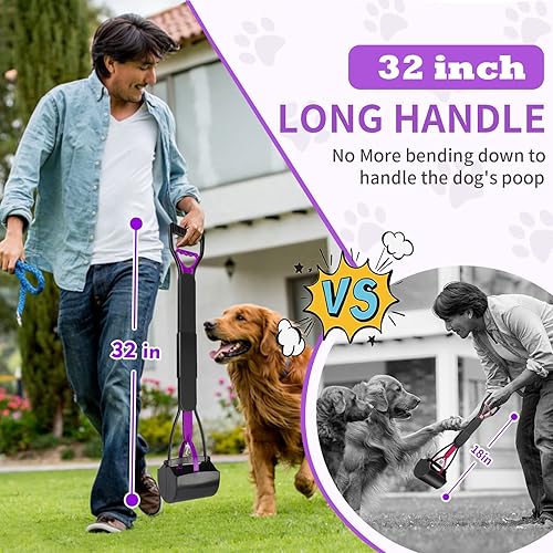 Miniatura 4 de UPSKY Recogedor de excrementos de 32 pulgadas para perros grandes y pequeños, pala de mango largo con bolsas de desechos, herramienta portátil para