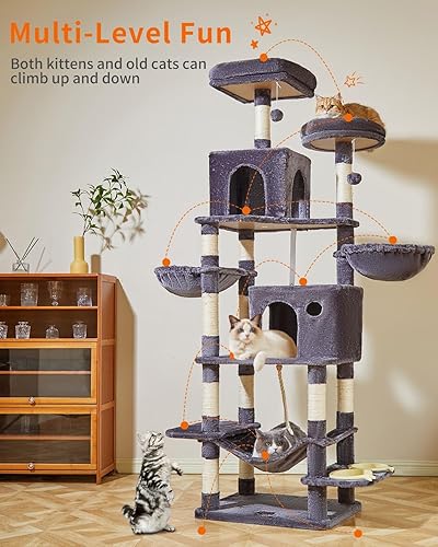Miniatura 3 de Taoqimiao Torre de gato de 76 pulgadas para gatos de interior, condominio de felpa de varios niveles para gatos con 12 postes rascadores, 2 perchas,