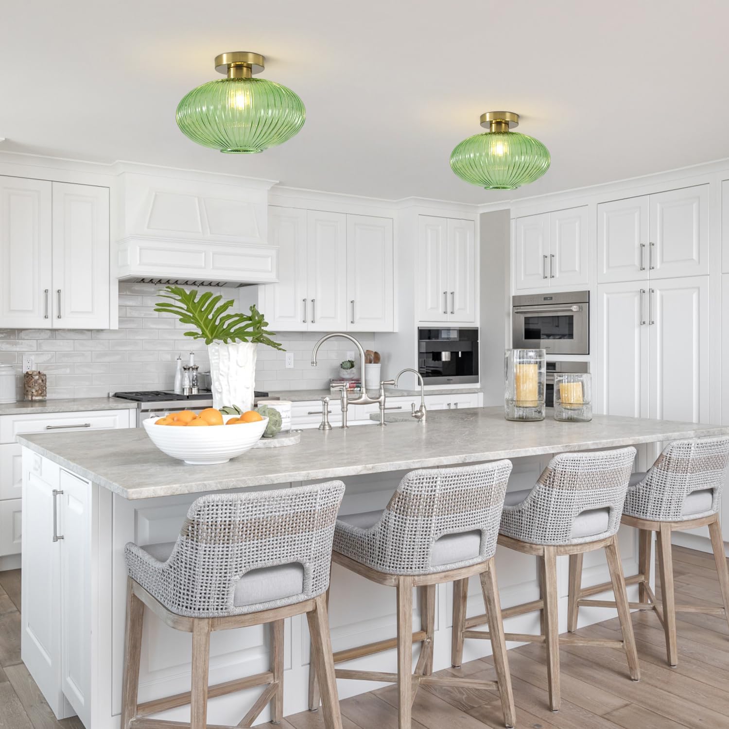 BOKT Green Stripe Glass Semi Flush Mount Ceiling Light 1-Light Mid-Century Modern Close to Ceiling Light Kitchen Ceilings Light Fixture E26 Glass Ceiling Lamp for Bedroom Hallway