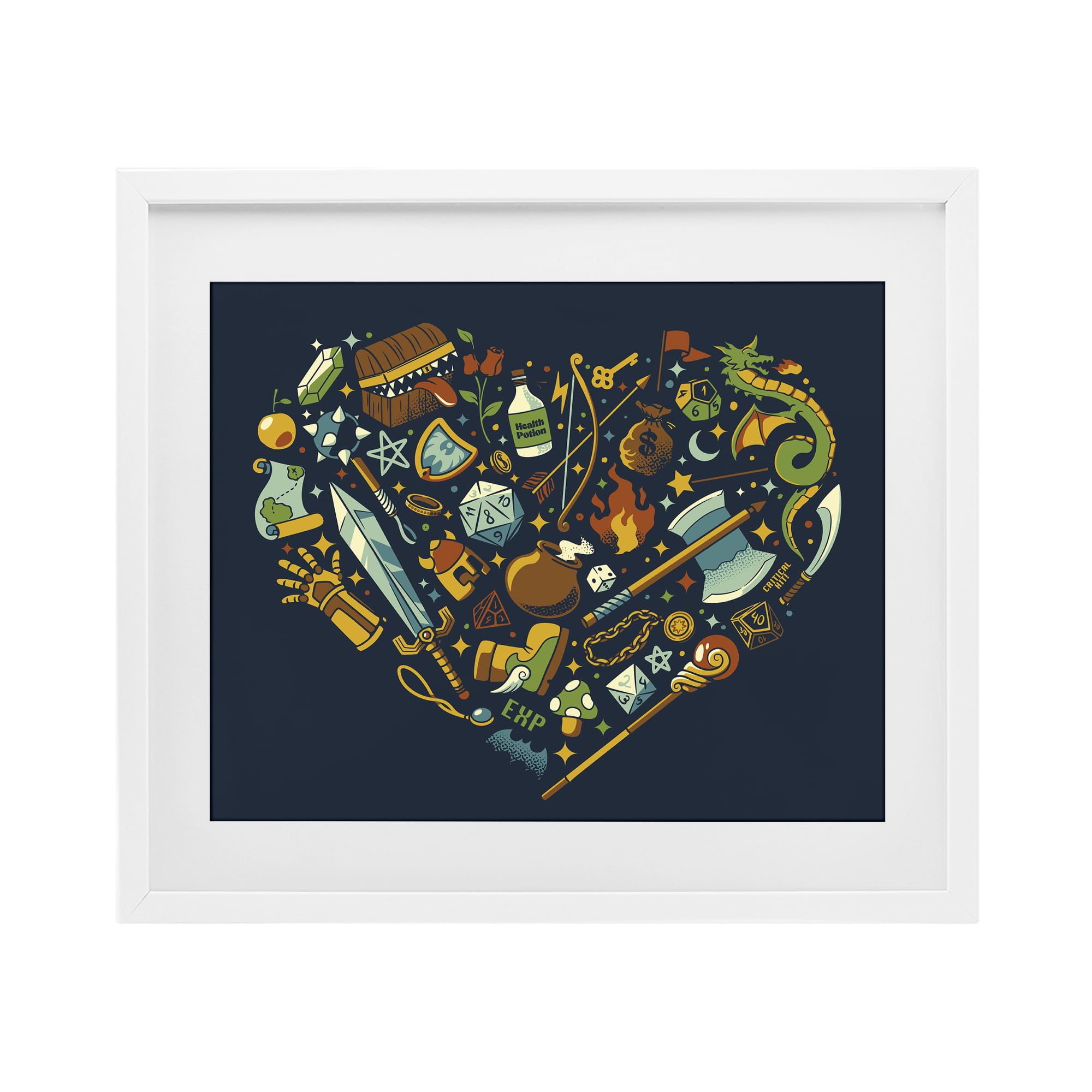 Stupell Industries Dungeon Quest Trinkets with Dragon, Magic, Treasure, and Potion Motifs for Dorm Room Decor, 17 x 21 Inch Framed Matted Print Under Glass, by Tobe Fonseca, Made in USA Gift