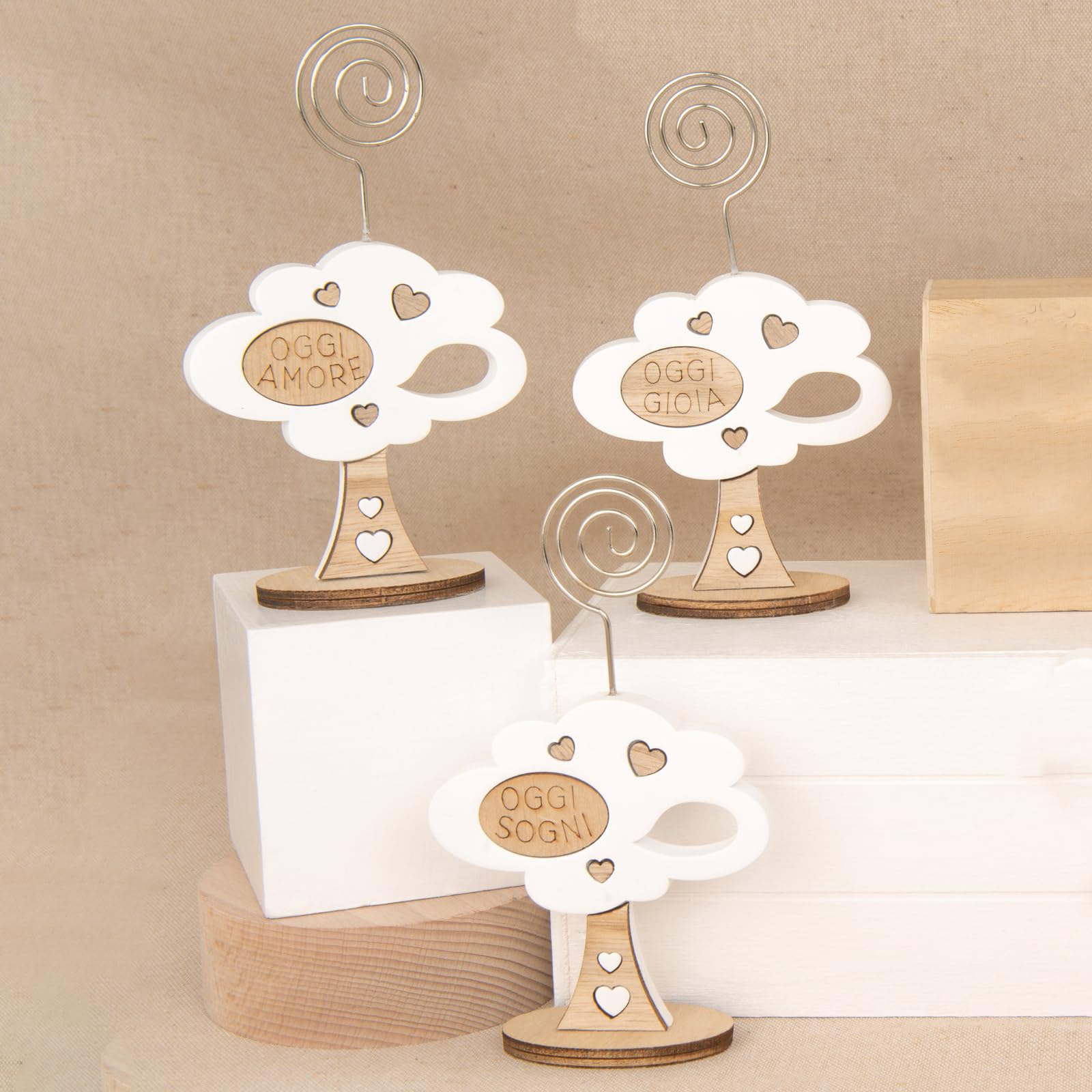 Doni Bomboniere Battesimo 12PZ Memoclip Albero della Vita Decorato Comunione Cresima Matrimonio Compleanno con Cuoricini e Frasi Oggi Amore Gioia Sogni Idee Regalo Originali Economiche