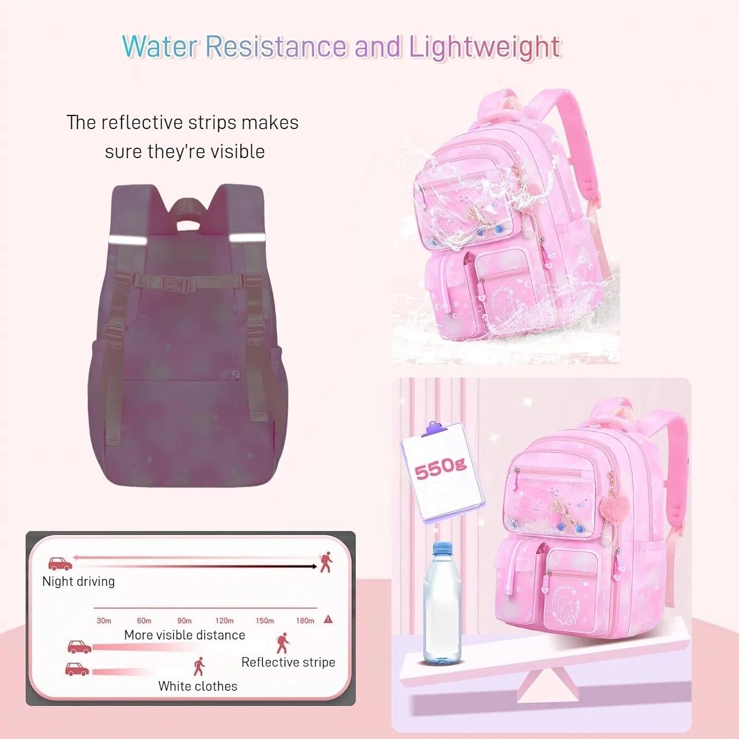 Backpack for Girls Cute Bow Kids Backpack for Elementary School Students Bookbag Middle School Bags for Girls Travel Back Pack, Dreamy Pink