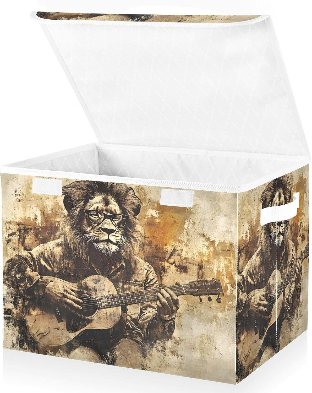 Lion Guitar Retro Large Storage Bins with Linen Foldable Storage Box Fabric Organizer Bin with Flip-Top Lid for Home Office 16.5 x 12.6 x 11.8 Inch