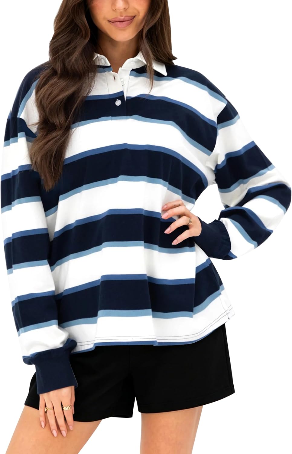 Lauweion Womens Rugby Shirt Long Sleeve Oversized Stripe Polo Shirts