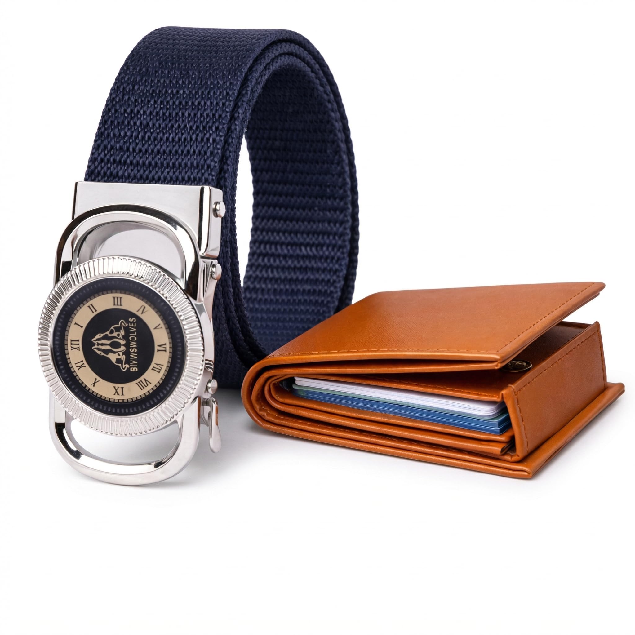 Navy Blue Canvas Web Belt with Tan Wallet Combo | Stylish Automatic Buckle | Casual Men's Accessory Set-image-39