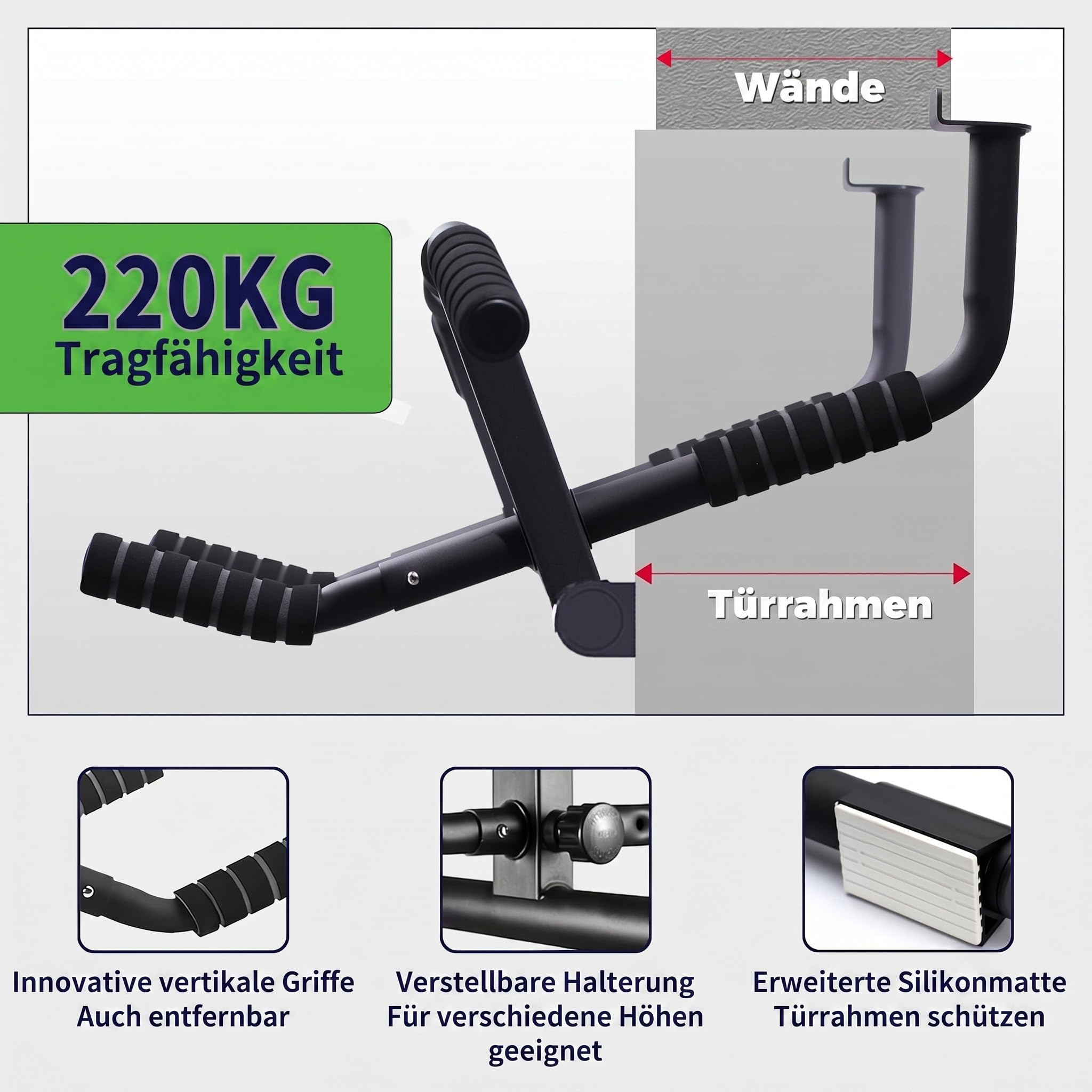 Klimmzugstange mit mehreren Griffen für die Tür – Klimmzugstange mit verbessertem Smart-Haken abgewinkelter Multi-Winkel-Griff, Heim-Fitnessgerät, Pull Up Bar mit professionellem Schlingentrainer