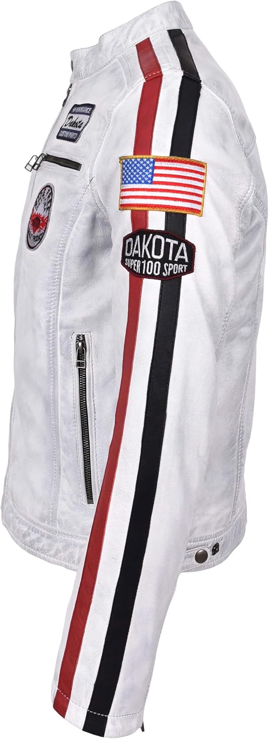 Mens Soft Leather Biker Jacket with Racing Stripes Sports Badges Casual Fitted Style