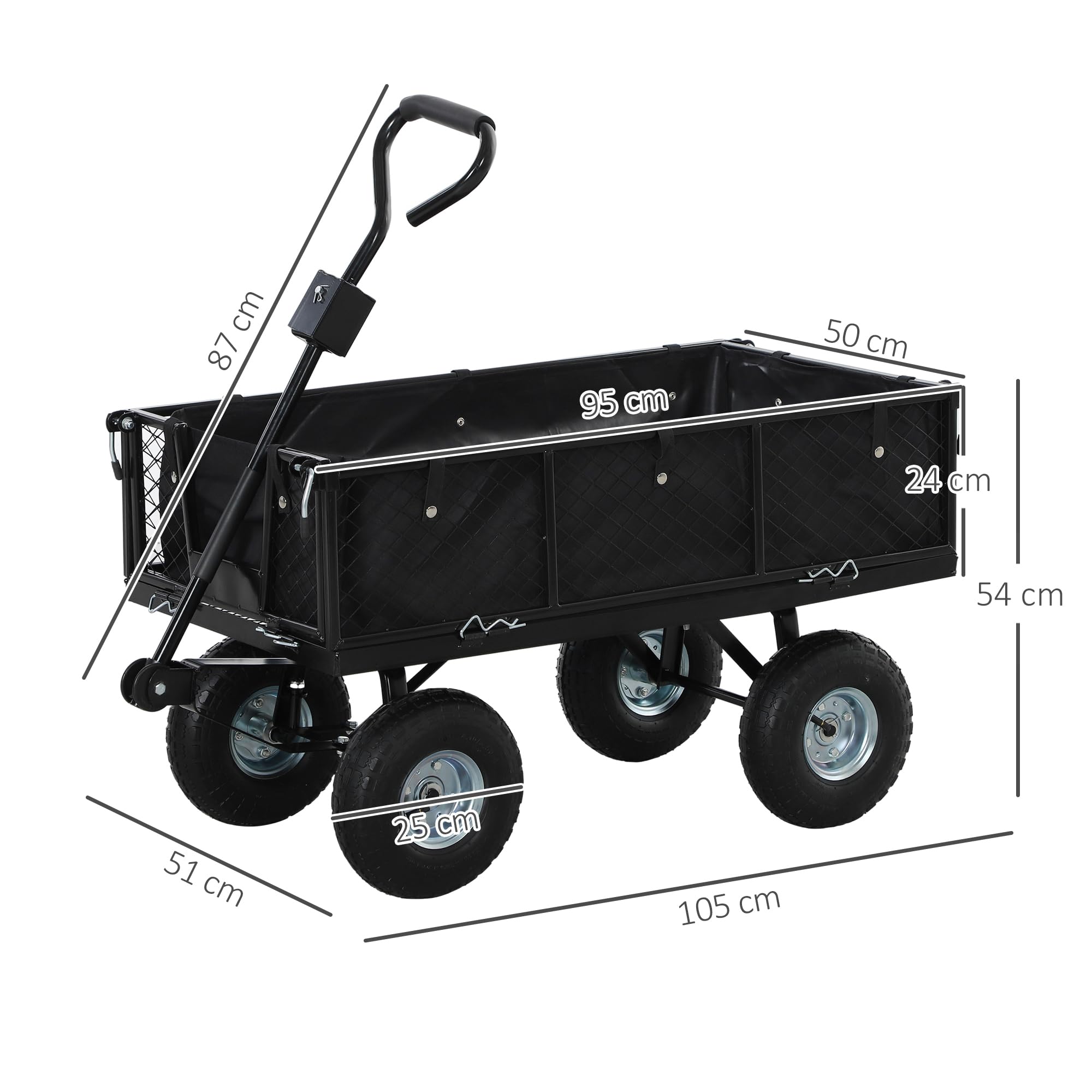 Outsunny Chariot de Jardin 300 Kg à roulettes, Poignée Rotative 180°, Noir | Chariot de Transport, Bâche Amovible, Remorque à Parois Rabattables, Pneus Gonflables 25 cm
