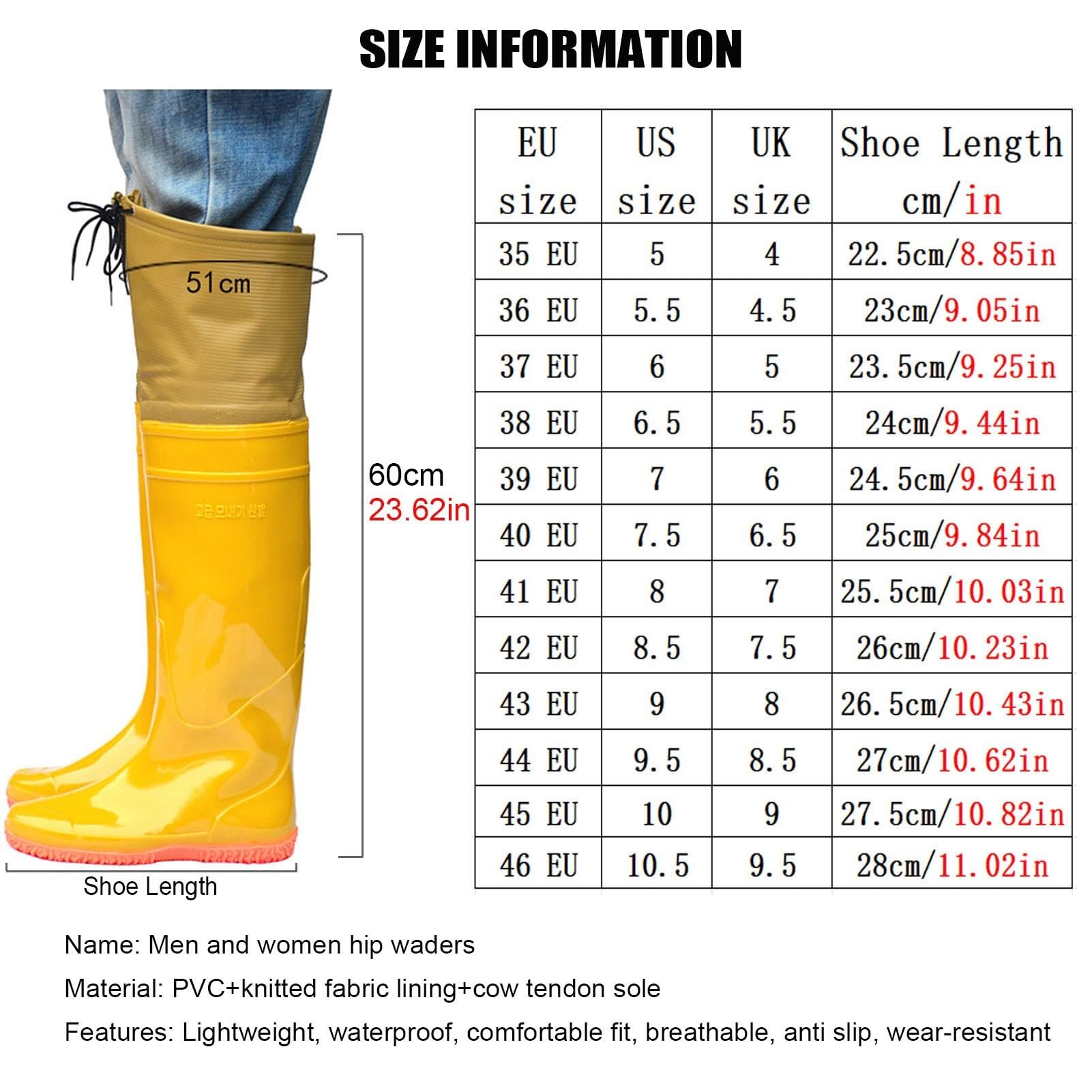 Watstiefel Watstiefel Für Herren Und Damen, Für Angeln Und Jagen, Leichte wasserdichte Hüftstiefel Aus PVC, Für Den Außenbereich, Kniehoch, 60 cm