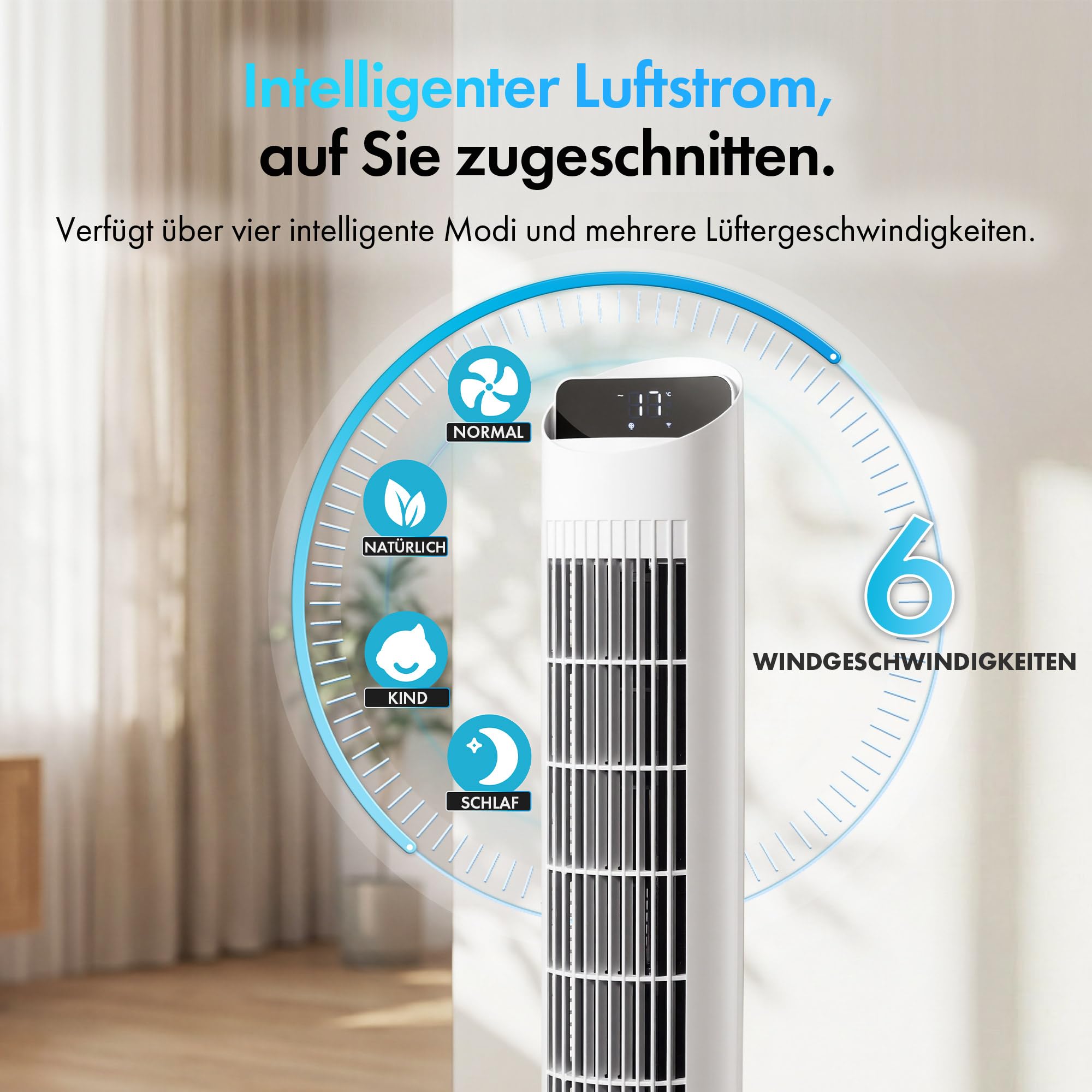VonHaus Turmventilator 102 cm, Elektrischer Standventilator mit WiFi, Smart Steuerung Alexa/Google Home, Fernbedienung, 12H Timer, 70° Oszillation