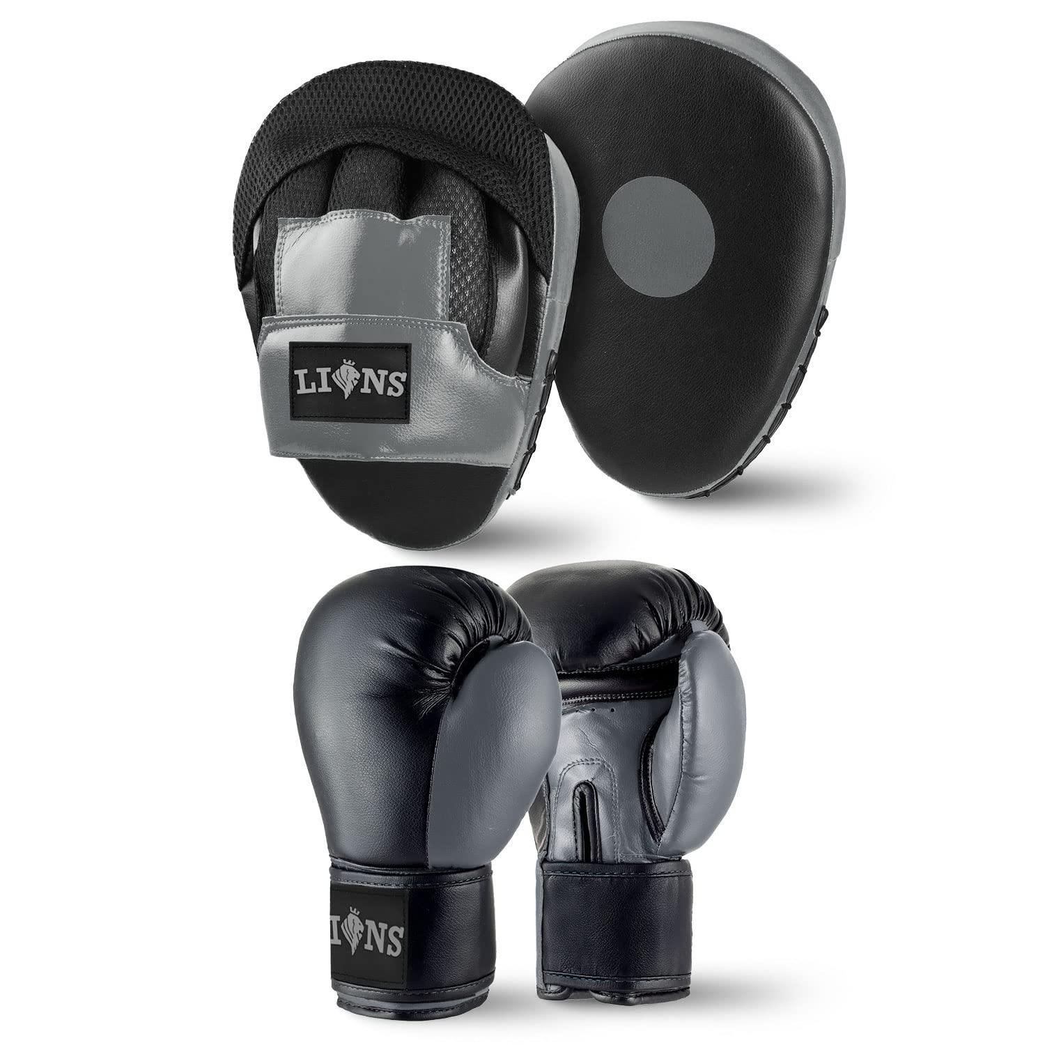 Lions Star Boxing Gloves and Pads Set For Men Women, Pair of Boxing Gloves with Hook and Jabs Mitts Focus Pads, Punching Sets Ideal for Punch Bag MMA Martial Arts (INJECTION - GREY, 10oz)