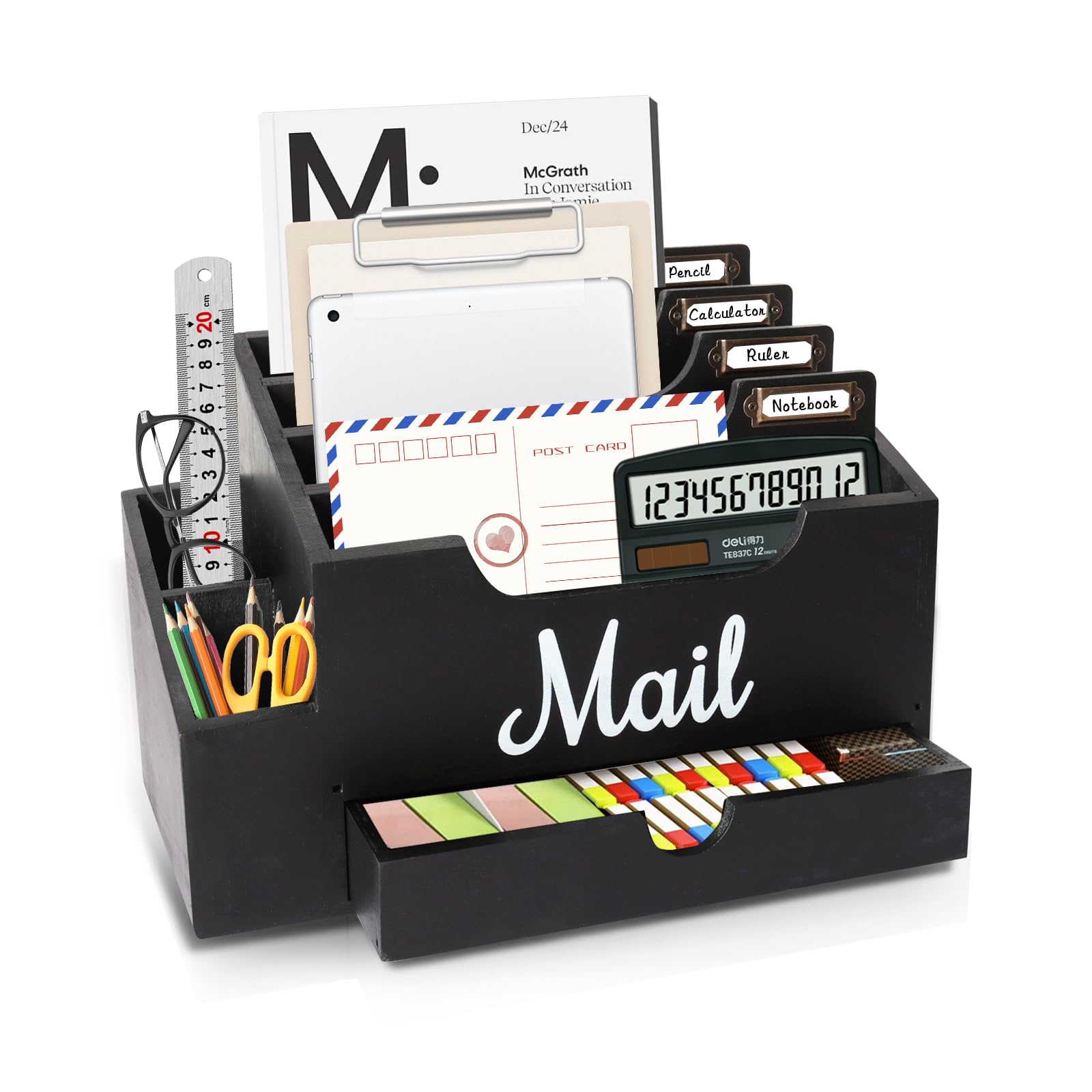 Organizzatore di Posta da Scrivania in Legno con 6 scomparti e cassetto, Organizzatore per Cartelle di Carta e Lettere, Organizer per Cartelle per Scrivania per Lettere Cancelleria, Nero