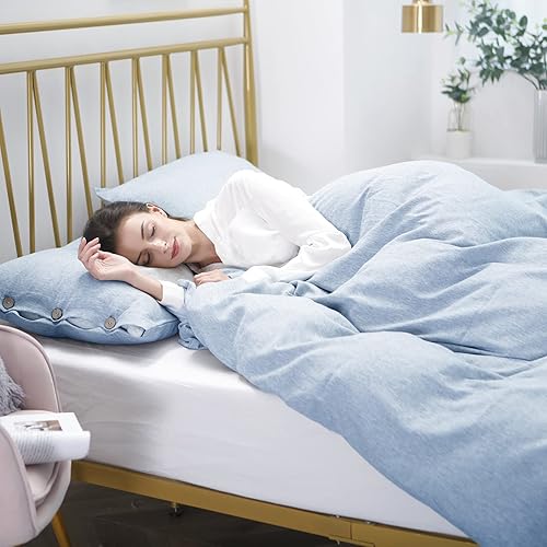 Miniatura 4 de MUKKA - Funda de edredón de microfibra con botones, lino jaspeado tipo Chambray, estilo moderno, suave, con cierre de botones de coco