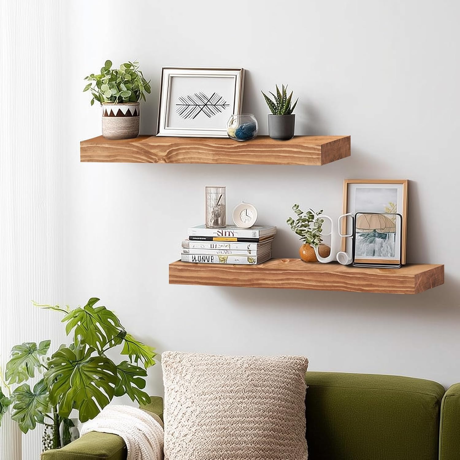 24x8x1.6 inch Floating Shelves Set of 2 – Solid Wood Rustic Oak Wall Mounted Shelf for Kitchen, Bathroom, Living Room