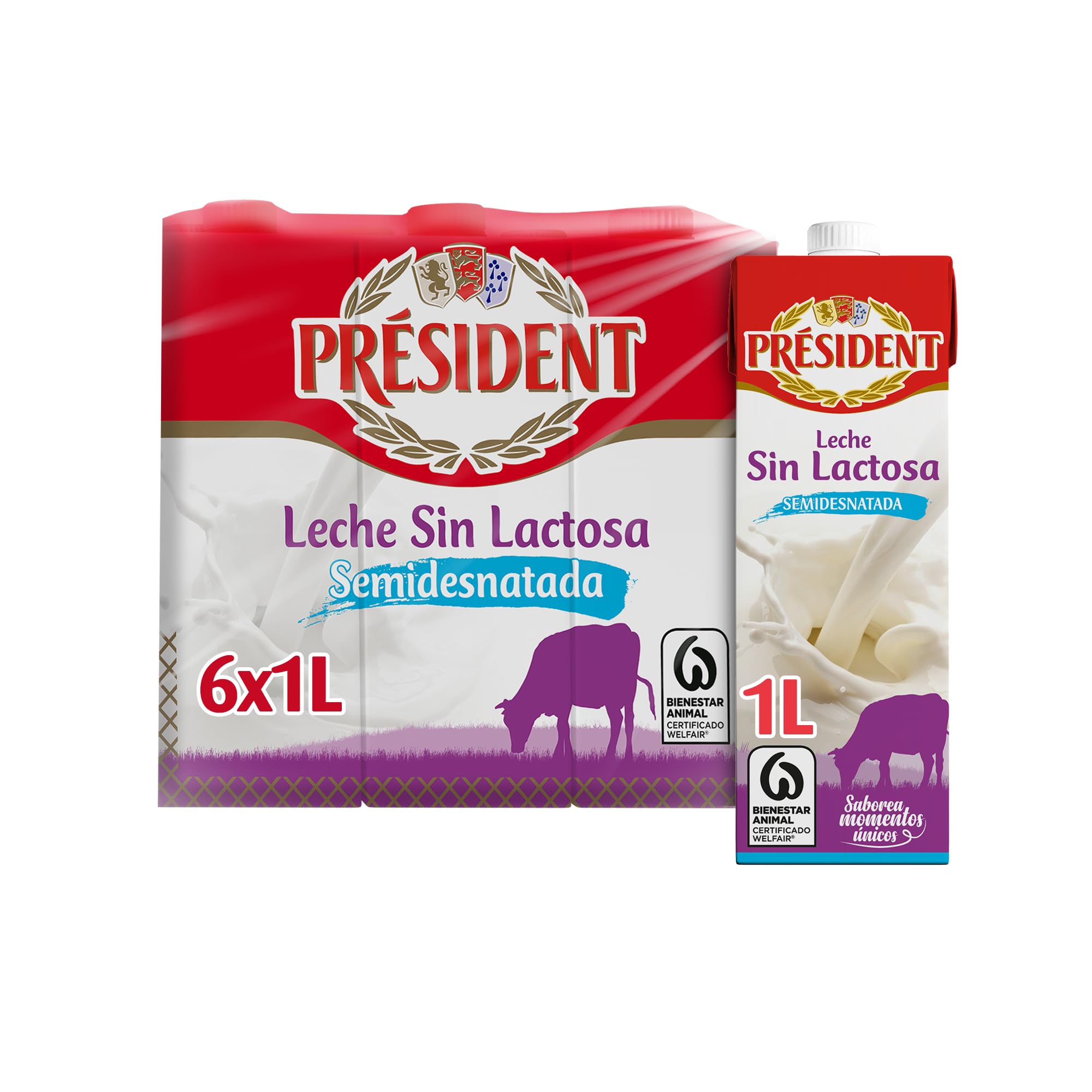 Président Leche Semidesnatada Sin Lactosa UHT Natural de Galicia Pack 6 x 1 L