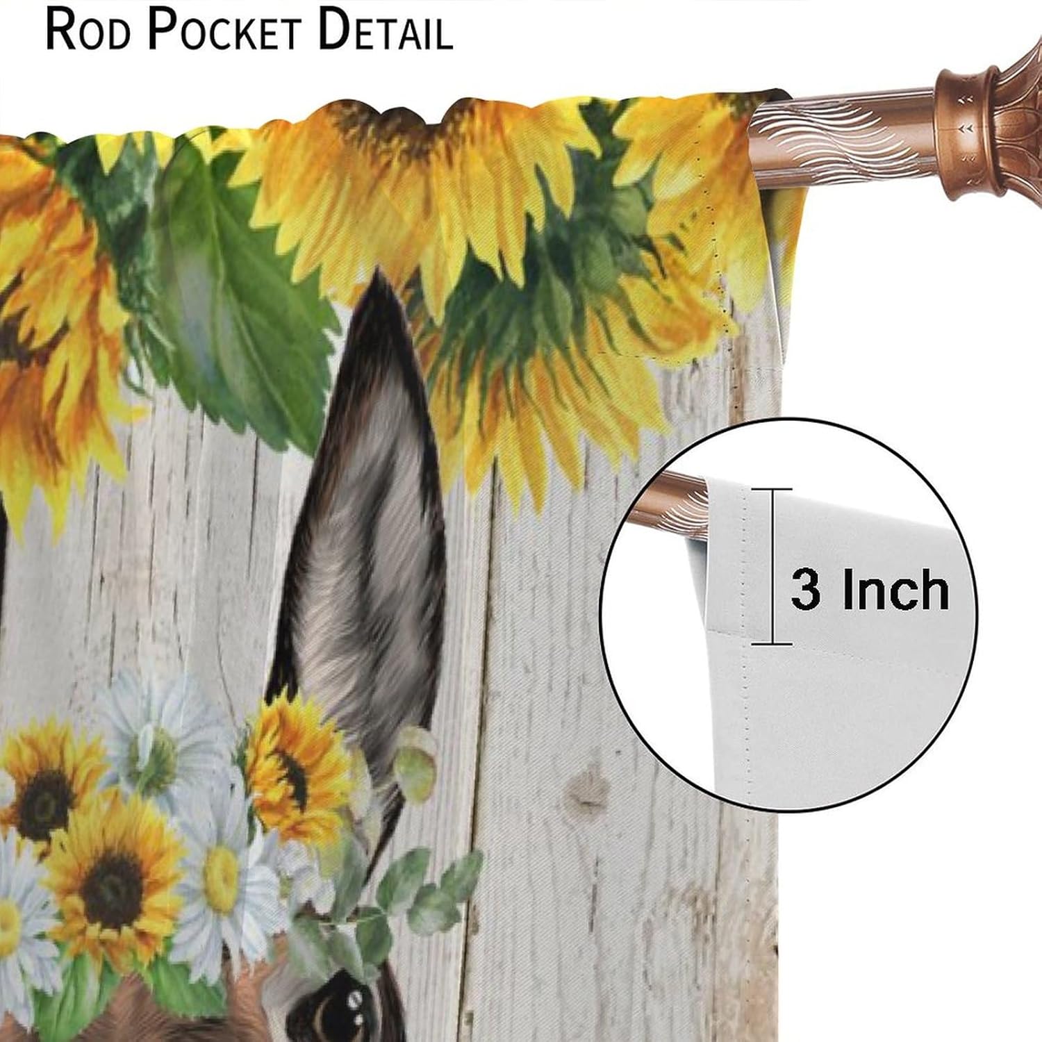 Vintage Farmhouse Donkey Curtains,Funny Cute Donkey Rustic Wooden Board Wheel Floral Sunflower Window Treatments Thermal Insulated Rod Pocket Blackout Drapes for Bedroom 2 Panels 63L x 27.5W