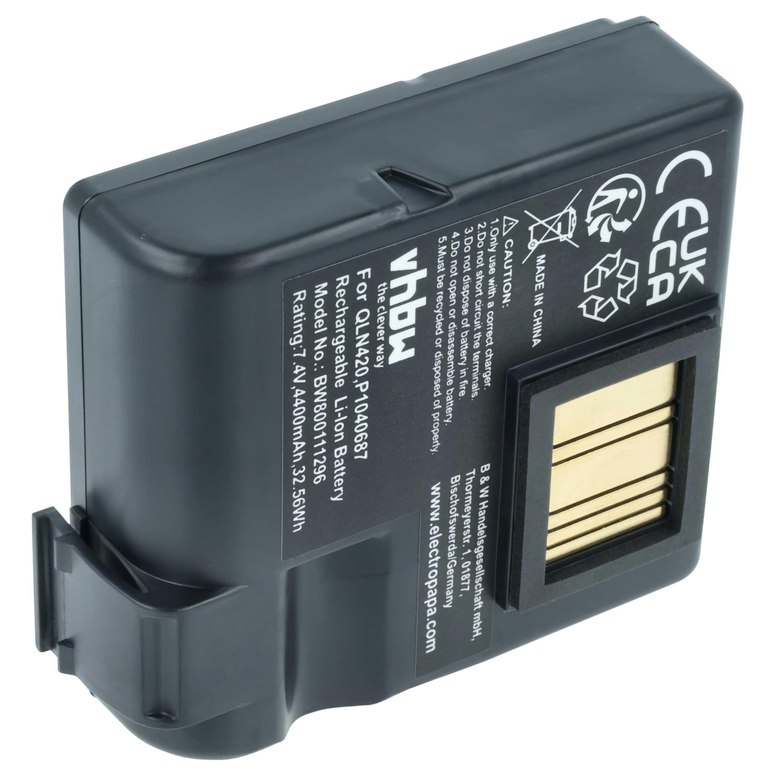 vhbw Akku kompatibel mit Zebra QLN420, ZQ630 Drucker Kopierer Scanner Etiketten-Drucker (4400 mAh, 7,4 V, Li-Ion)