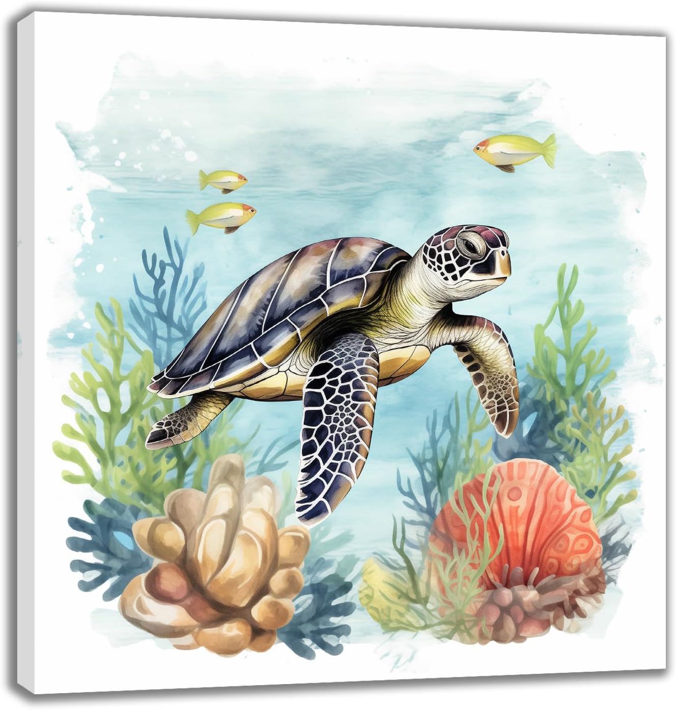 MODOJOART Sea Turtle Canvas Wall Art, Turtle and Fishes with Weed Painting Print Underwater Creature Poster Picture for Nursery Bathroom Decor(Artwork-01, 12"x12")