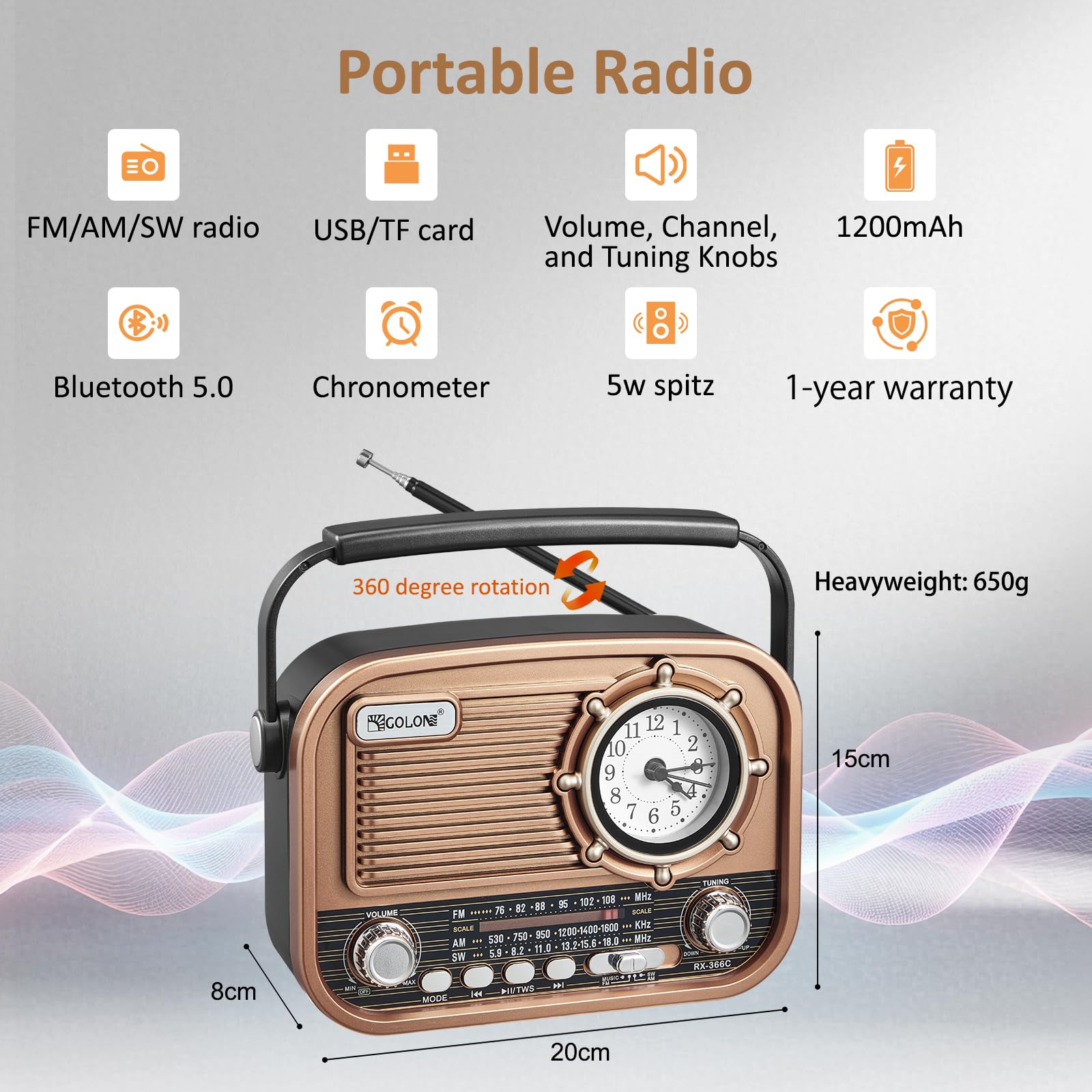 Gelielim Radios portátil AM FM SW, altavoz Bluetooth de radio vintage con sonido cristalino, funciona con batería recargable,