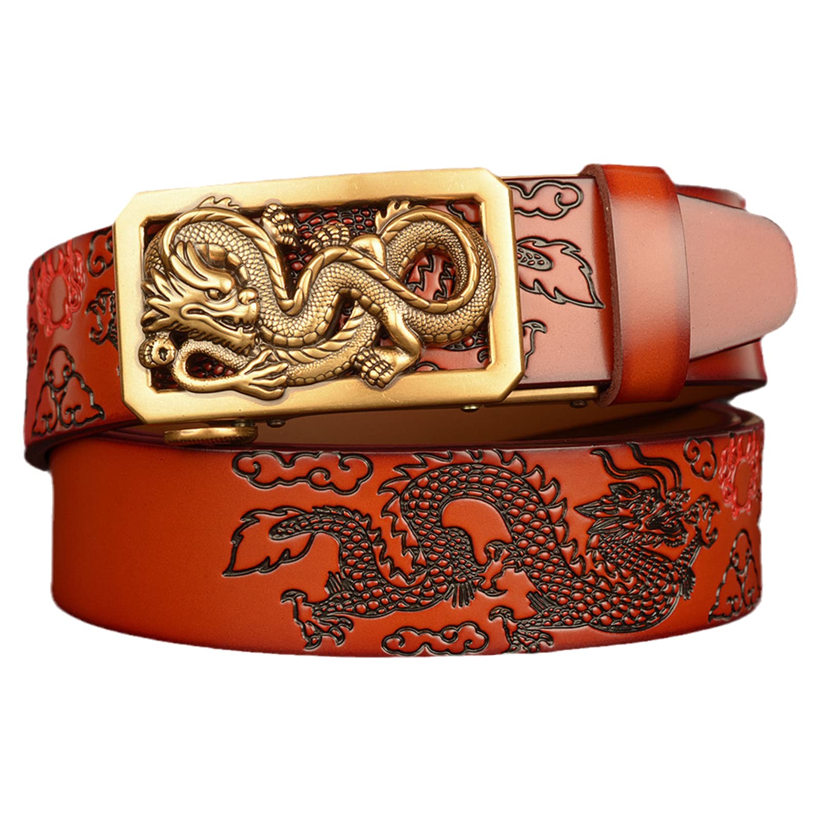 Cinturón De Trinquete para Los Hombres, 3,5 Cm De Ancho Cinturones De Cuero Genuino con Hebilla Automática Deslizante Grabado Hueco Dragón De Oro Décor Escultura(130cm/waist:45", Brown)