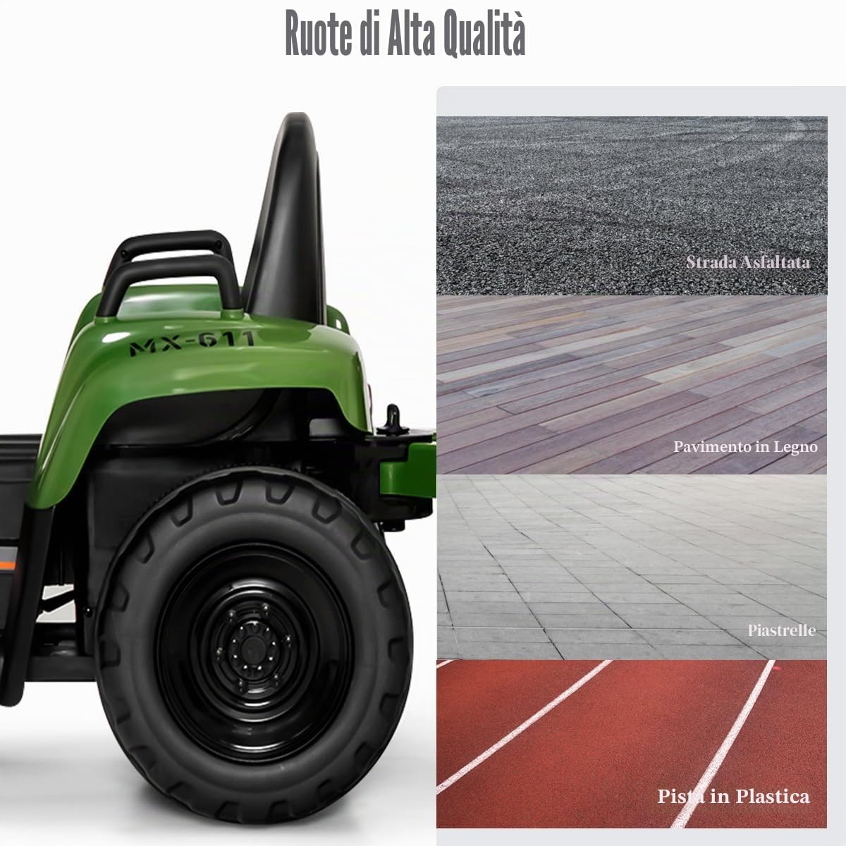 SOARS Trattore Elettrico per Bambini 12V con Rimorchio (Verde Scuro) | Trattore Cavalcabile con Telecomando e Pedale Acceleratore, Veicolo con Multimedia, Clacson e Luci, Carico 30 kg
