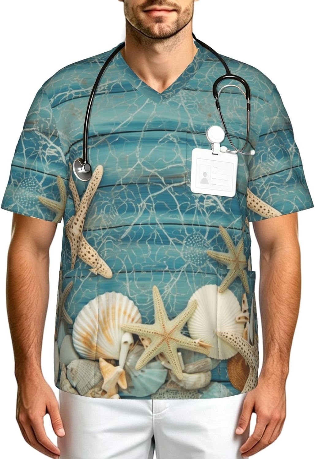 Professional Scrub Tops for Men, Classic V-Neck Workwear with 3 Pockets