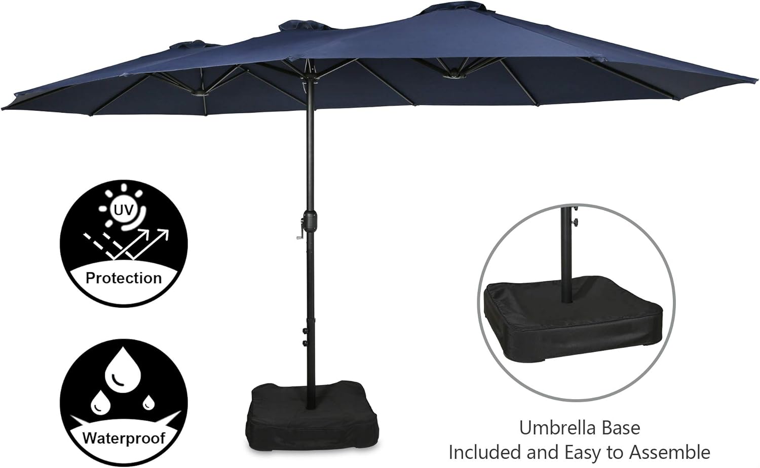 Patio 15 Ft Double-Sided Umbrella Outdoor Market Umbrella with Crank, Umbrella Base Included (Navy)