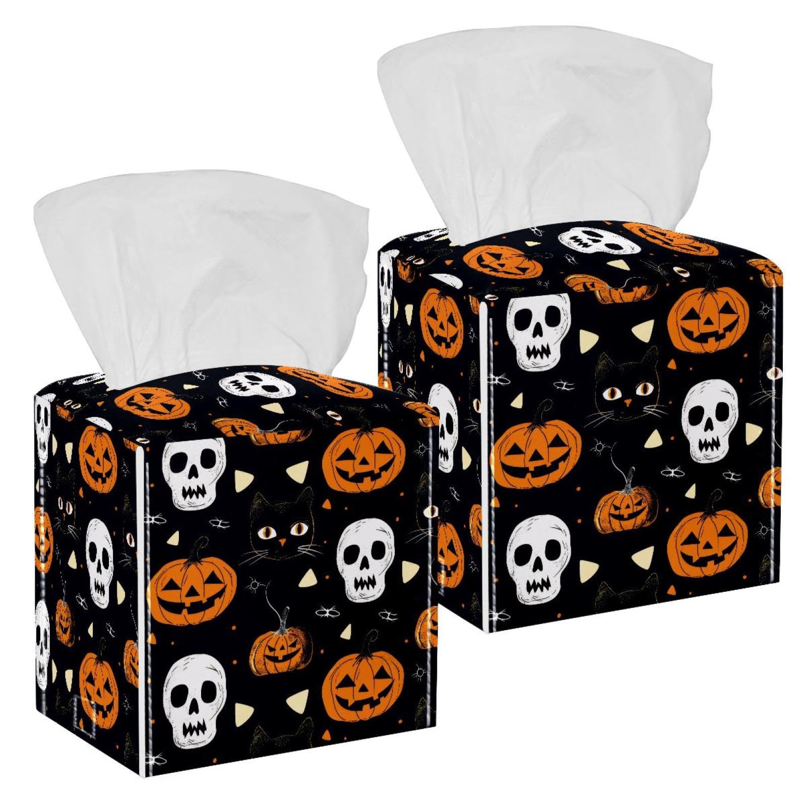 Cat Halloween Skull Pumpkin Tissue Box Cover, 2 Pack PU Leather Square Facial Tissue Dispenser Box holder for Home Office Car