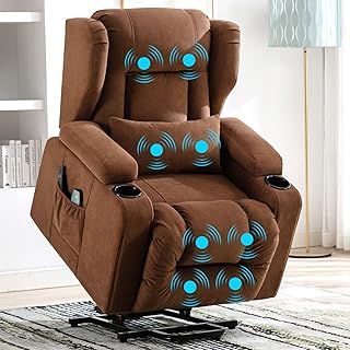 COMHOMA Elektrischer Relaxsessel, Wohnzimmer, Massage, TV, neigbar, Vibration, Stehfunktion, verstellbare Rückenlehne mit Fußstütze und Getränkehalter, brauner Stoff