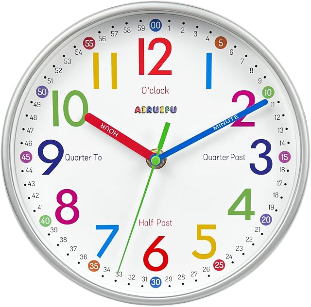 AIRUIFU Horloge Murale pour Enfants, Horloge Non-Ticking Silent Batterie exploitée,Décor mural de chambre pour enfants pour chambres,Analog Horloge pour chambre,Salle de vie,Cuisine,Bureau,Scolaire (8 de pouce)