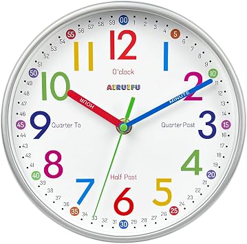 AIRUIFU Wall Clock for Kids Learning Tell Time Easily Non-Ticking Battery Operated Kids Teaching Time Clock- Analog Colorful Clock Decorative for Kids Room Classroom School8 Inch
