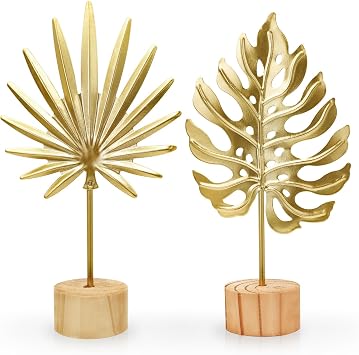 2PCS Mini Gold Leaf Sculpture Ornament, 7.5 in Metal Gold Palm Leaves Decor for Desk, Sideboards, Display Cabinet Filler, Iron Craft Ginkgo Leaf Decor with Wooden Base Monstera+Palm Leaf