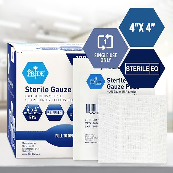 MED PRIDE Sterile Gauze Dressing Pads Individually Wrapped, Nonstick 12-Ply Cotton, Highly Absorbent for Wound Care (4x4 Inch (Pack of 100))